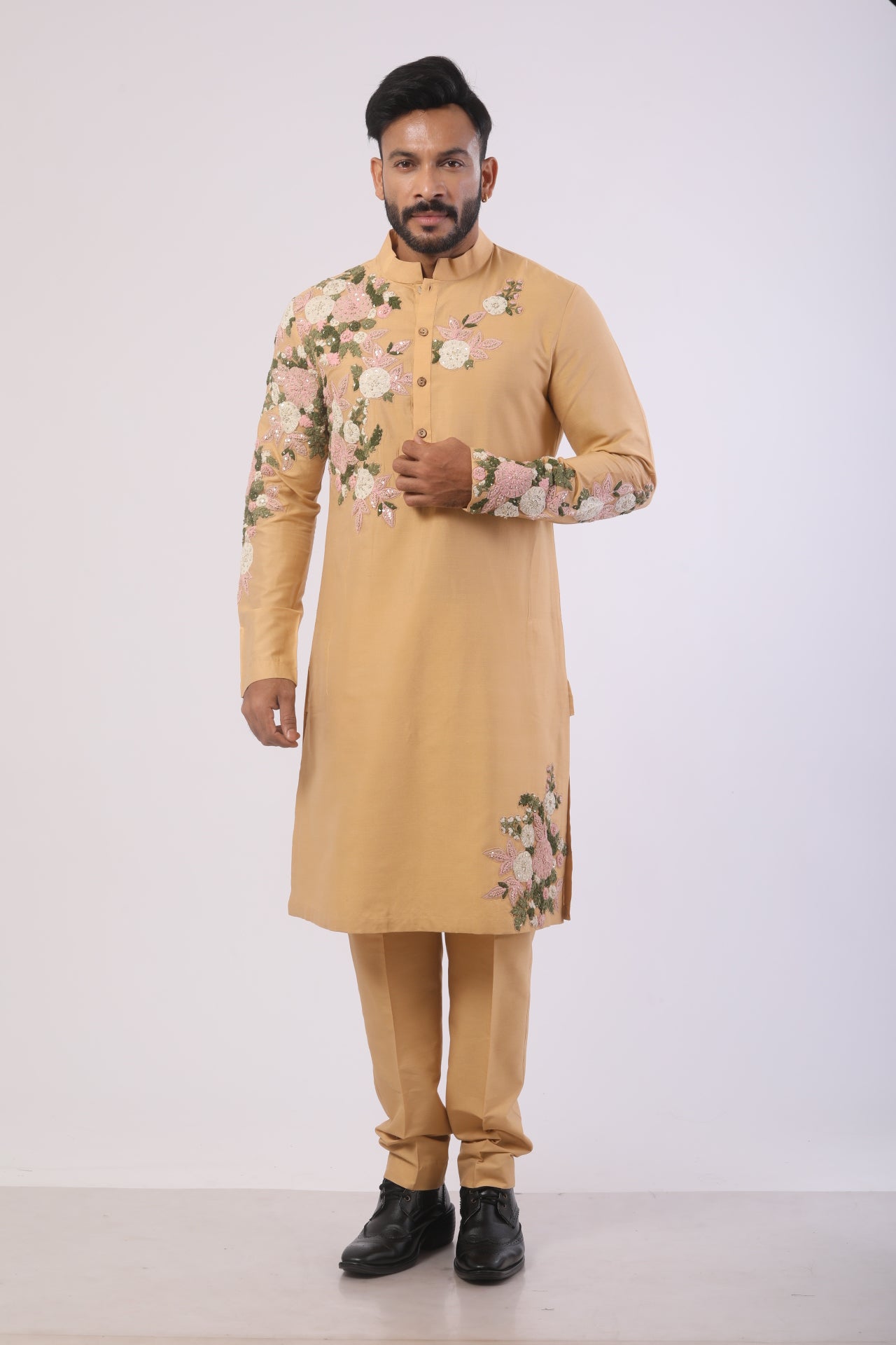 Beige Katan Silk Embroidered Kurta Set
