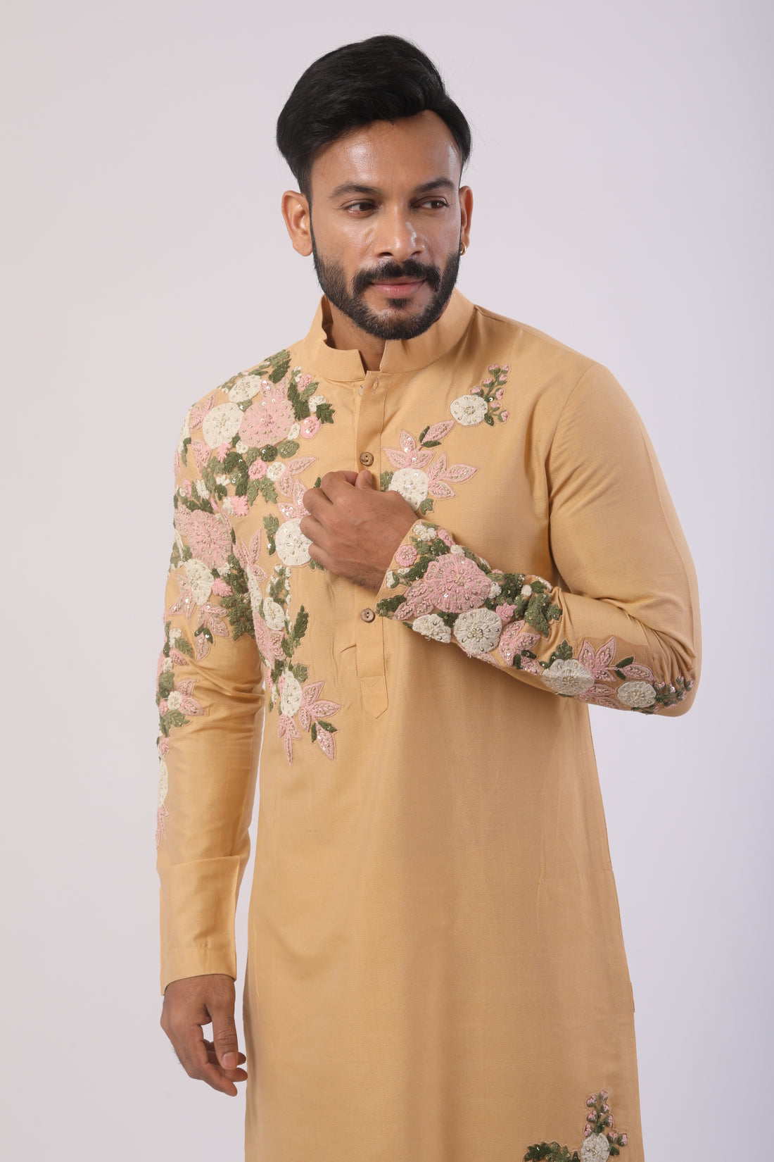 Beige Katan Silk Embroidered Kurta Set