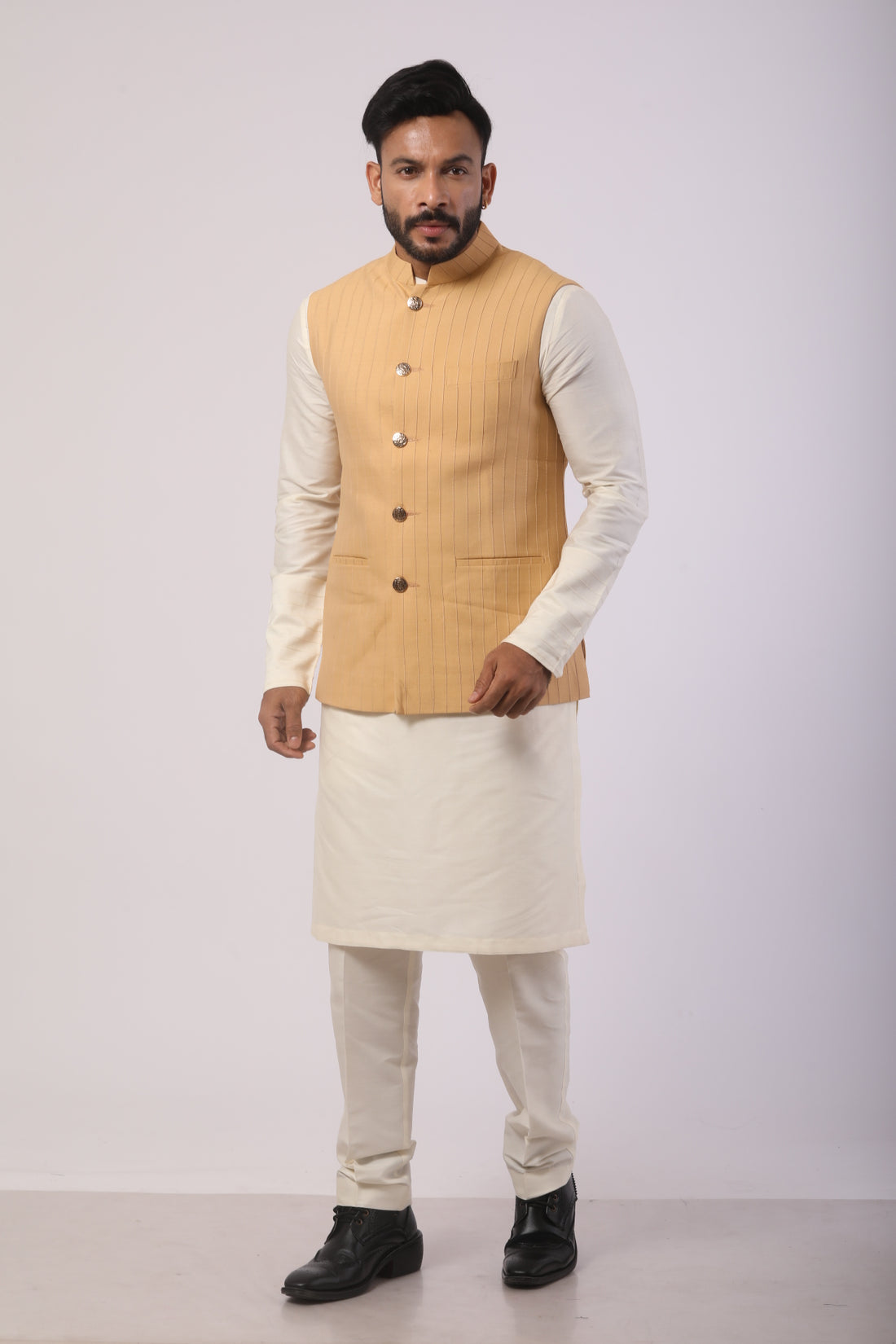 Light Beige Nehru Jacket Kurta Set in Katan Silk with Pintuck Detailing