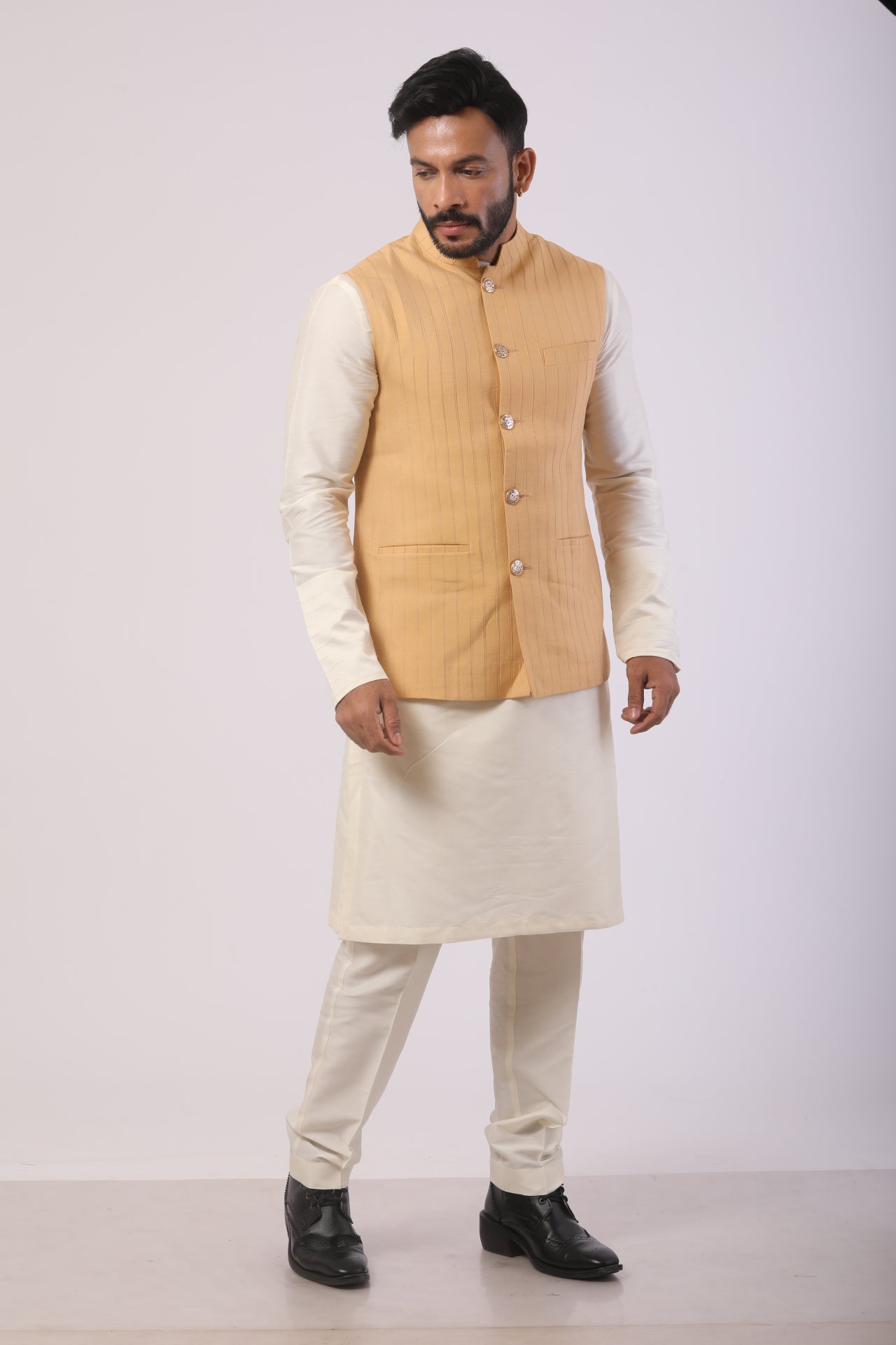 Light Beige Nehru Jacket Kurta Set in Katan Silk with Pintuck Detailing