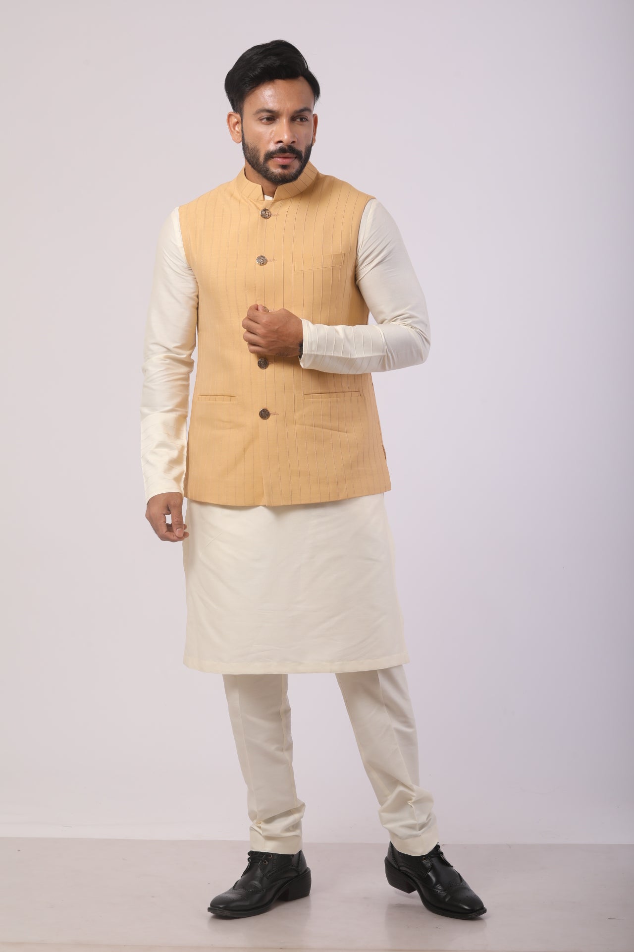 Light Beige Nehru Jacket Kurta Set in Katan Silk with Pintuck Detailing