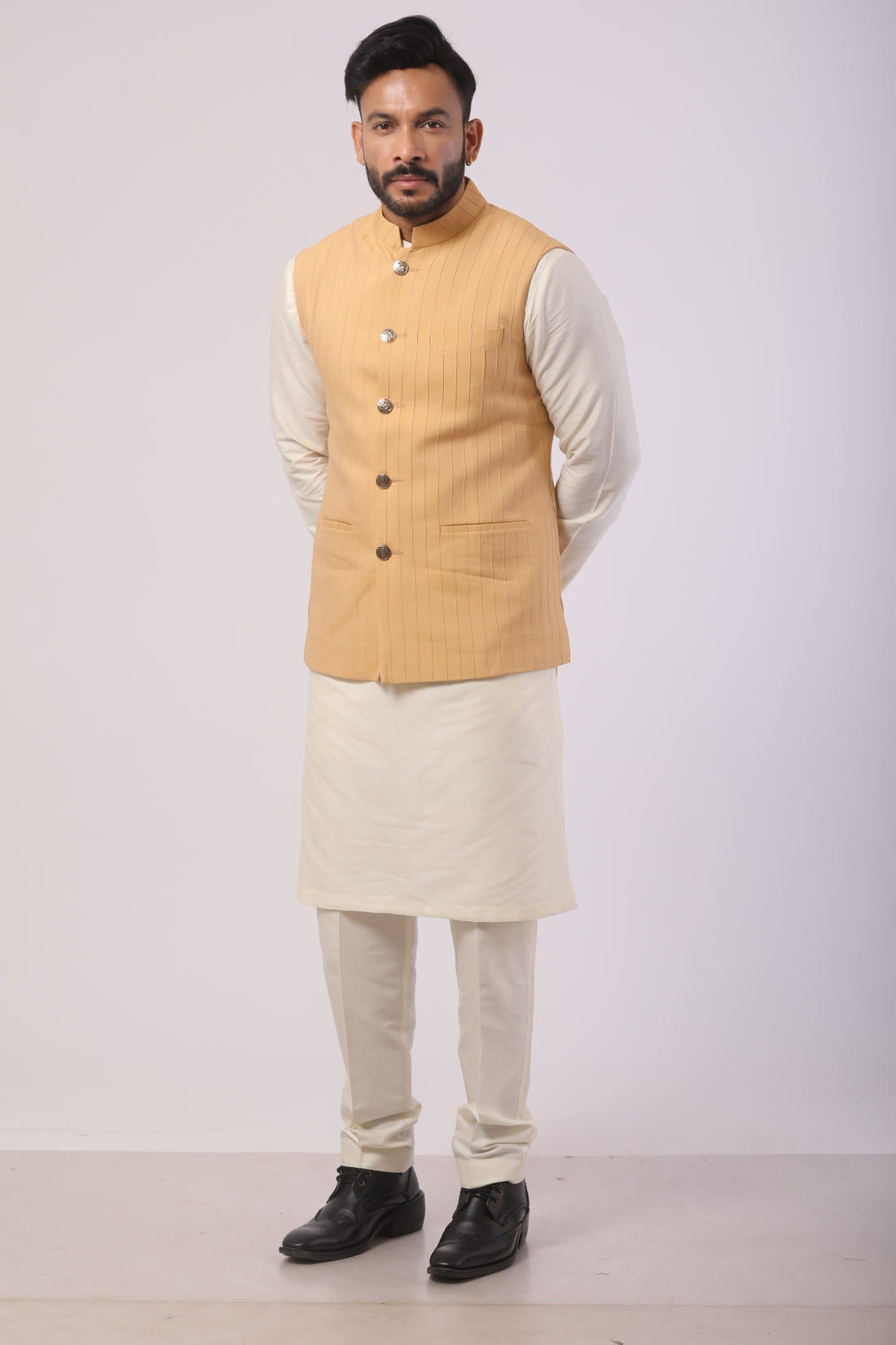 Light Beige Nehru Jacket Kurta Set in Katan Silk with Pintuck Detailing