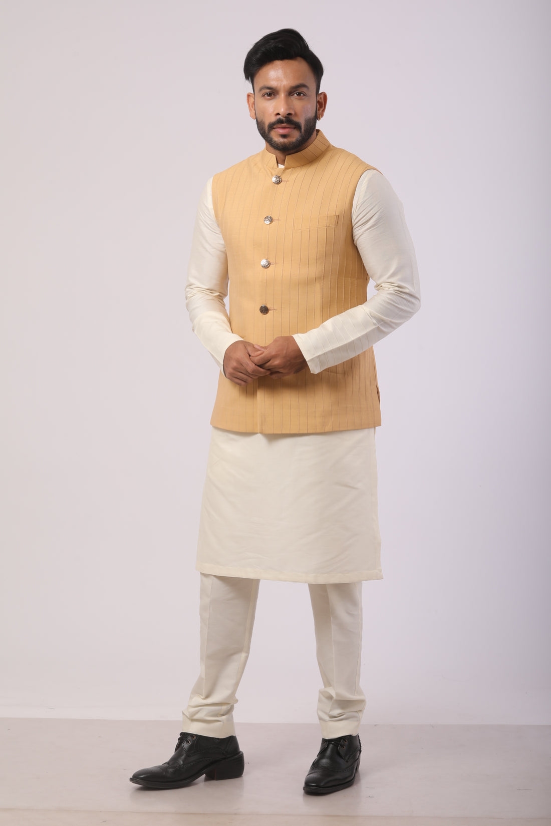 Light Beige Nehru Jacket Kurta Set in Katan Silk with Pintuck Detailing