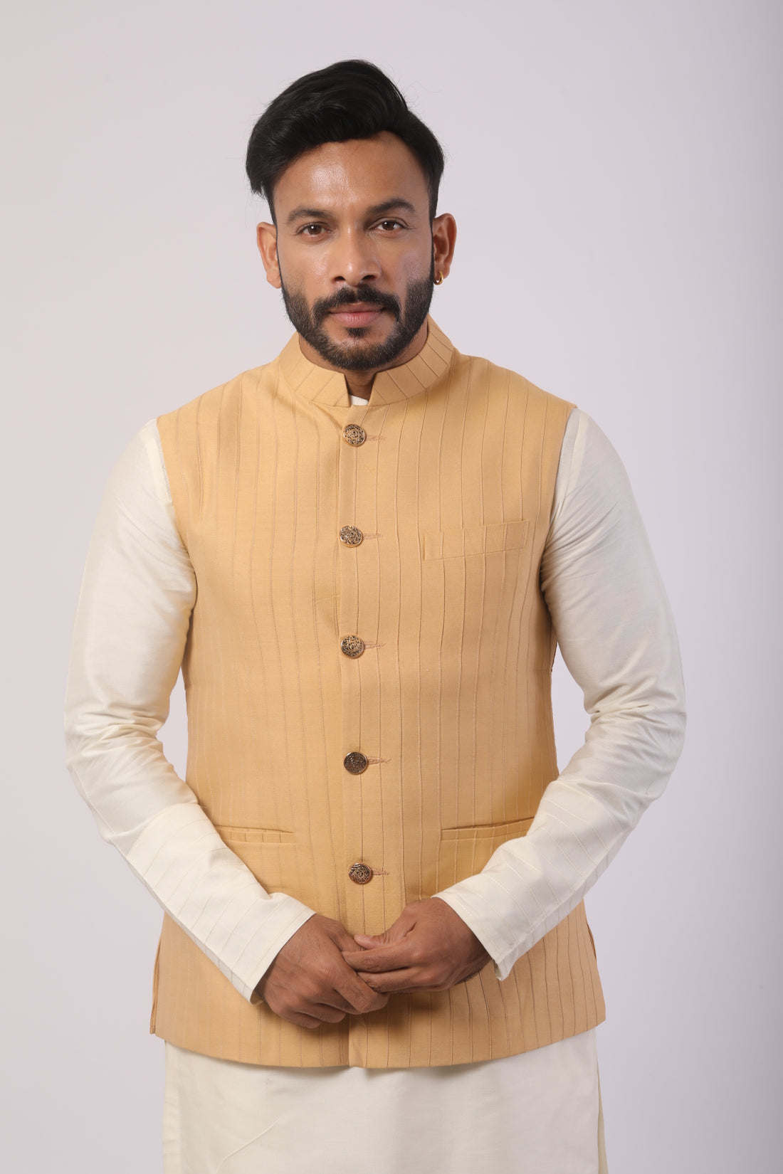 Light Beige Nehru Jacket Kurta Set in Katan Silk with Pintuck Detailing