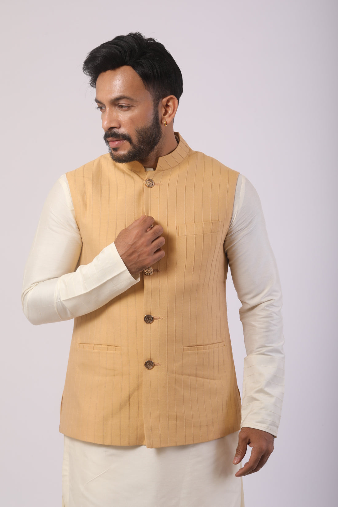 Light Beige Nehru Jacket Kurta Set in Katan Silk with Pintuck Detailing