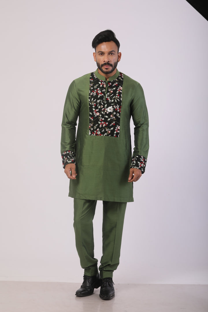 Olive Green Katan Silk Embroidered Kurta Set