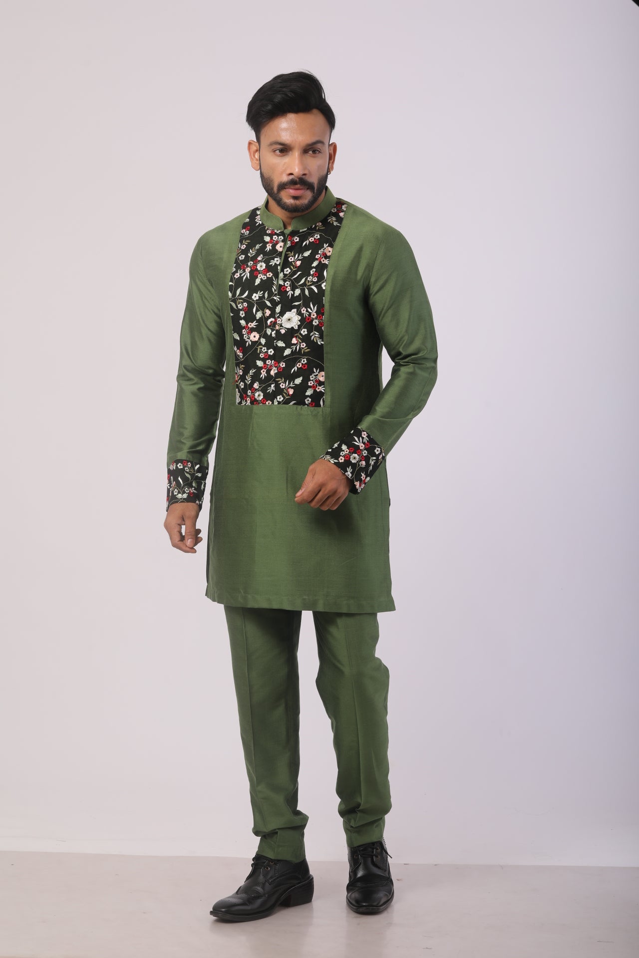 Olive Green Katan Silk Embroidered Kurta Set
