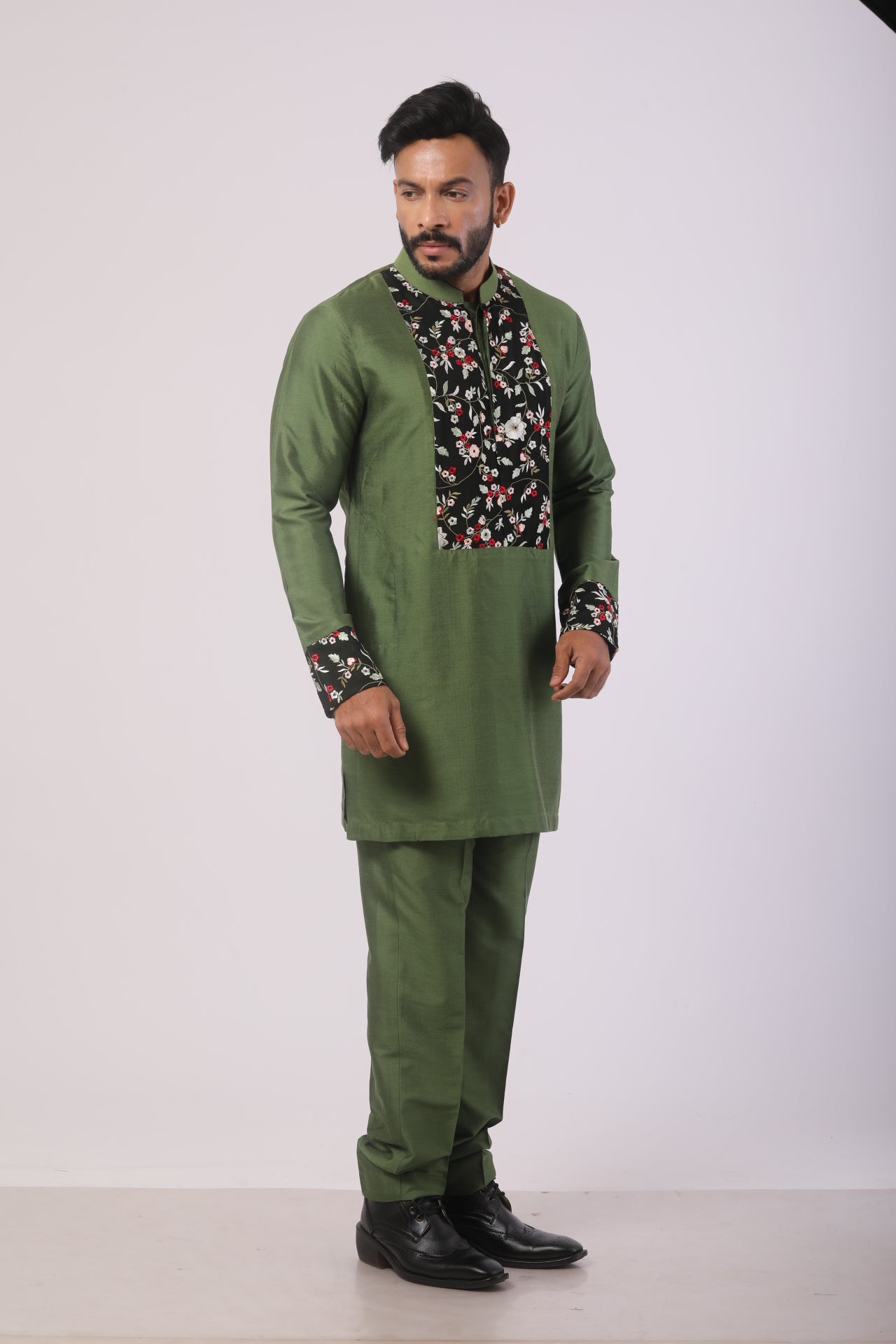 Olive Green Katan Silk Embroidered Kurta Set