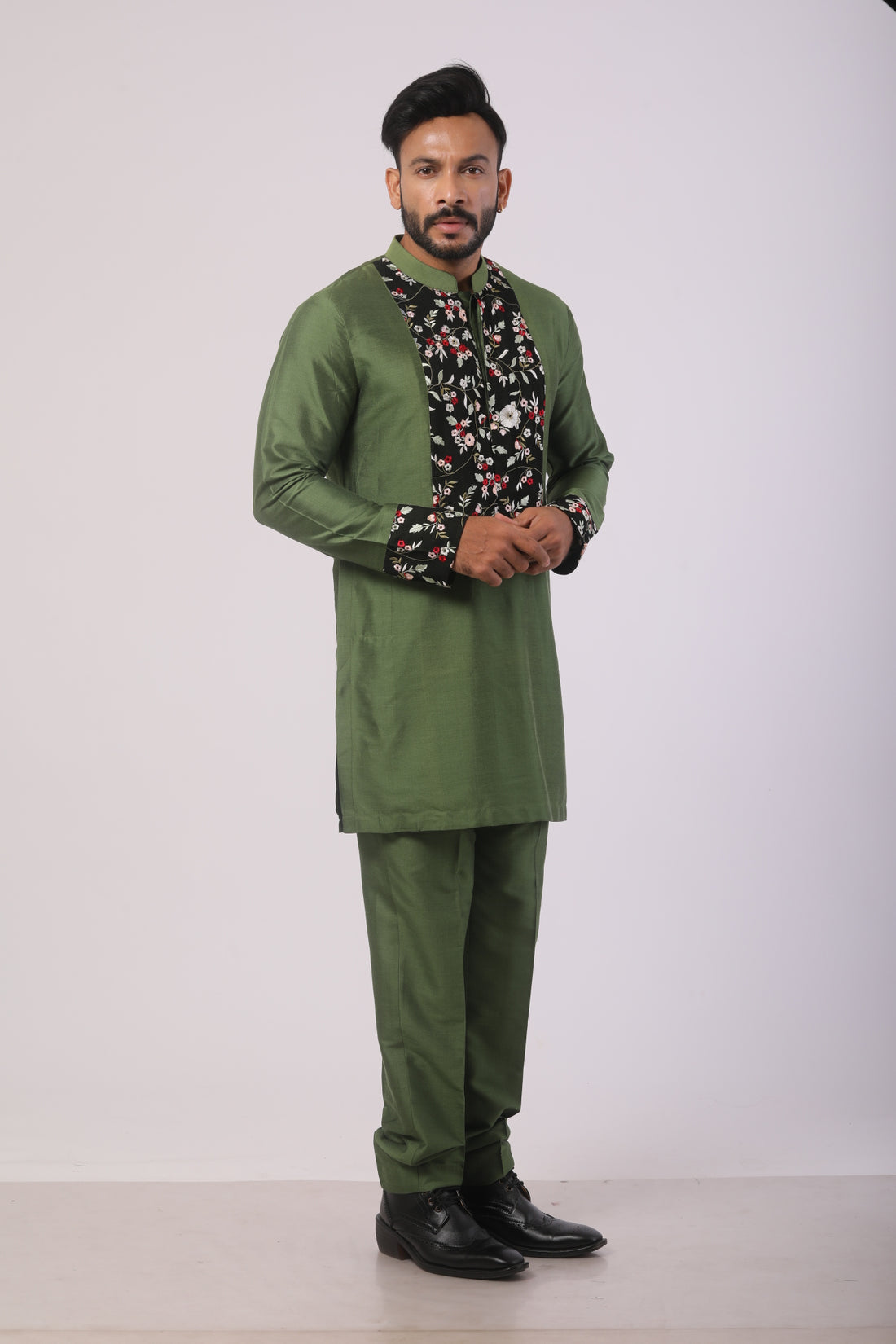 Olive Green Katan Silk Embroidered Kurta Set