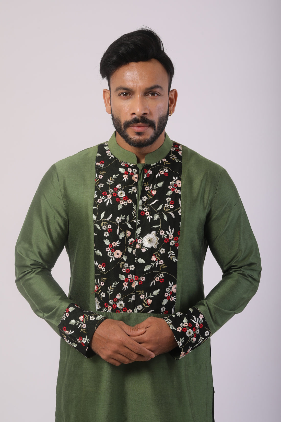 Olive Green Katan Silk Embroidered Kurta Set