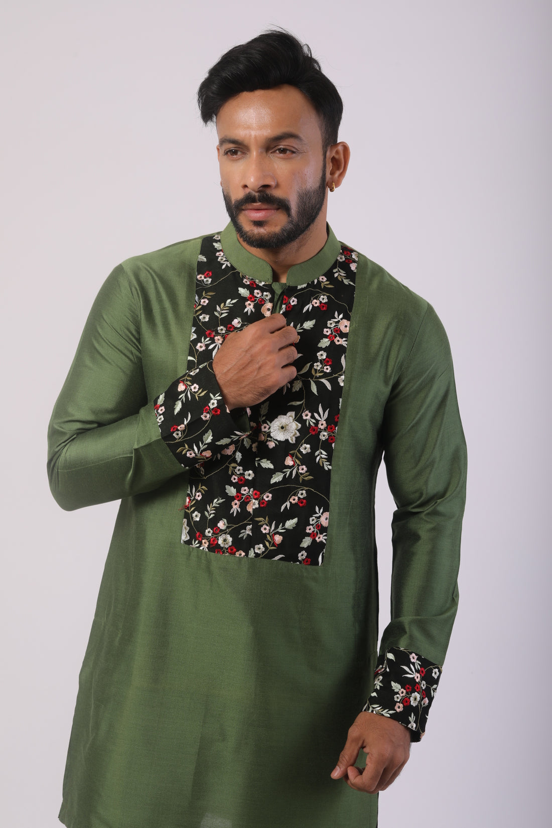 Olive Green Katan Silk Embroidered Kurta Set