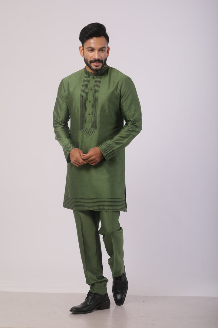Buy Alive Green Katan Silk Kurta Set for Men