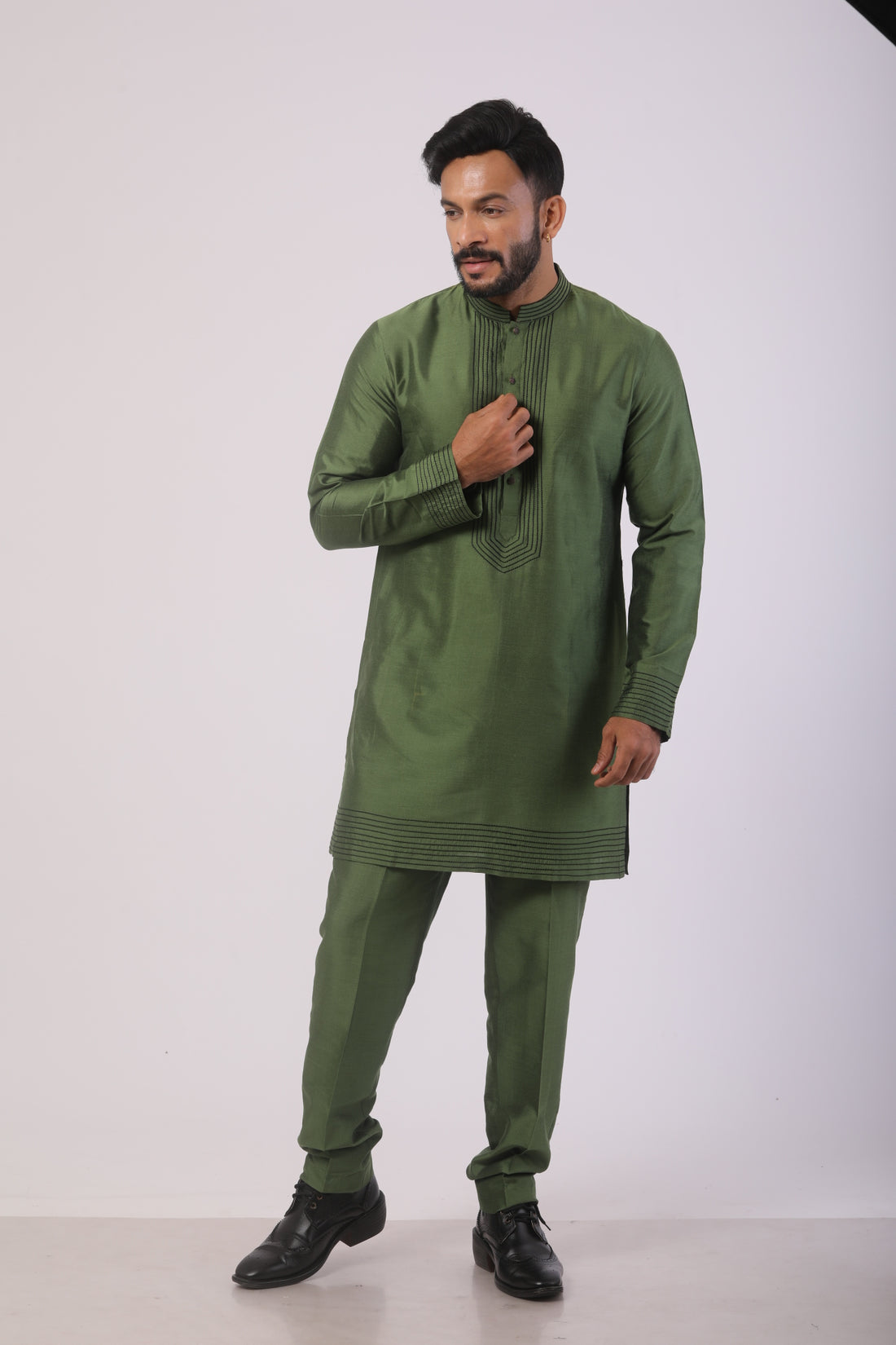 Buy Alive Green Katan Silk Kurta Set for Men