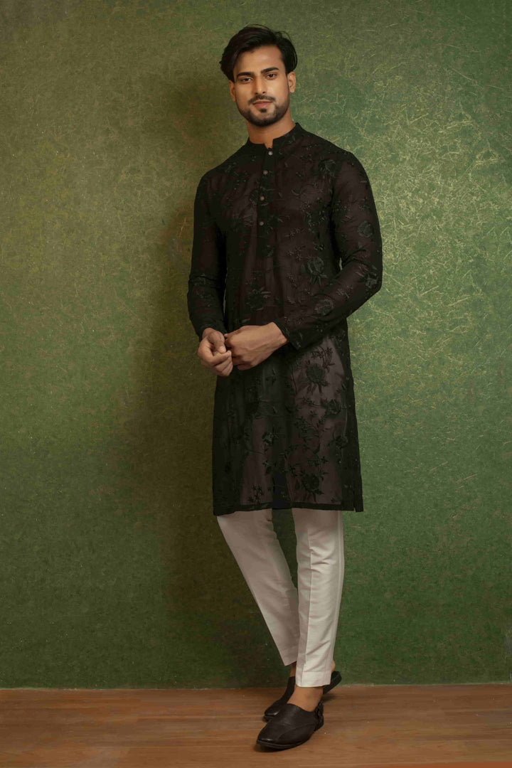 Black Floral Men's Kurta Set