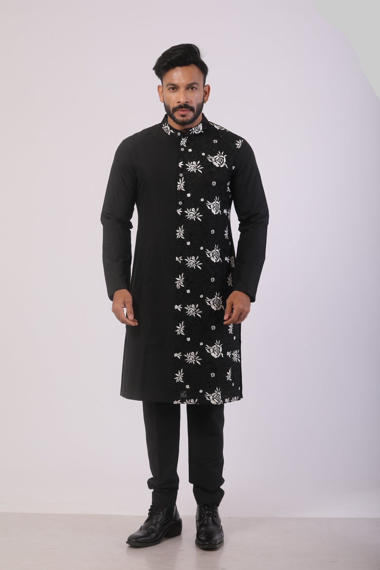 Black Katan Silk Embroidered Kurta Set