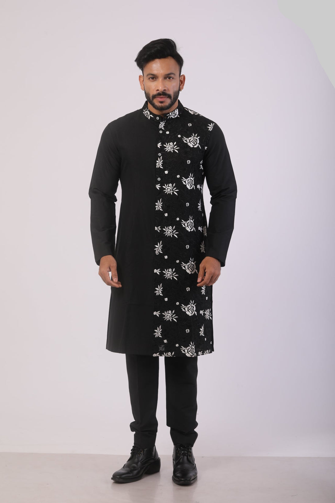 Black Katan Silk Embroidered Kurta Set