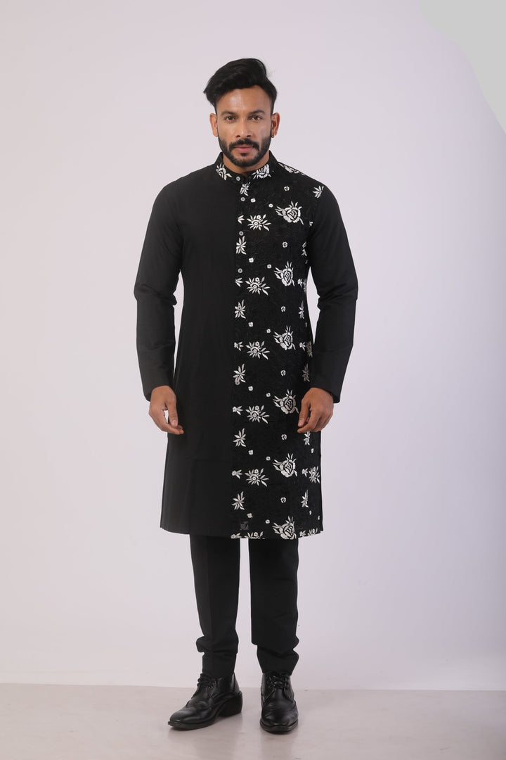 Black Katan Silk Embroidered Kurta Set