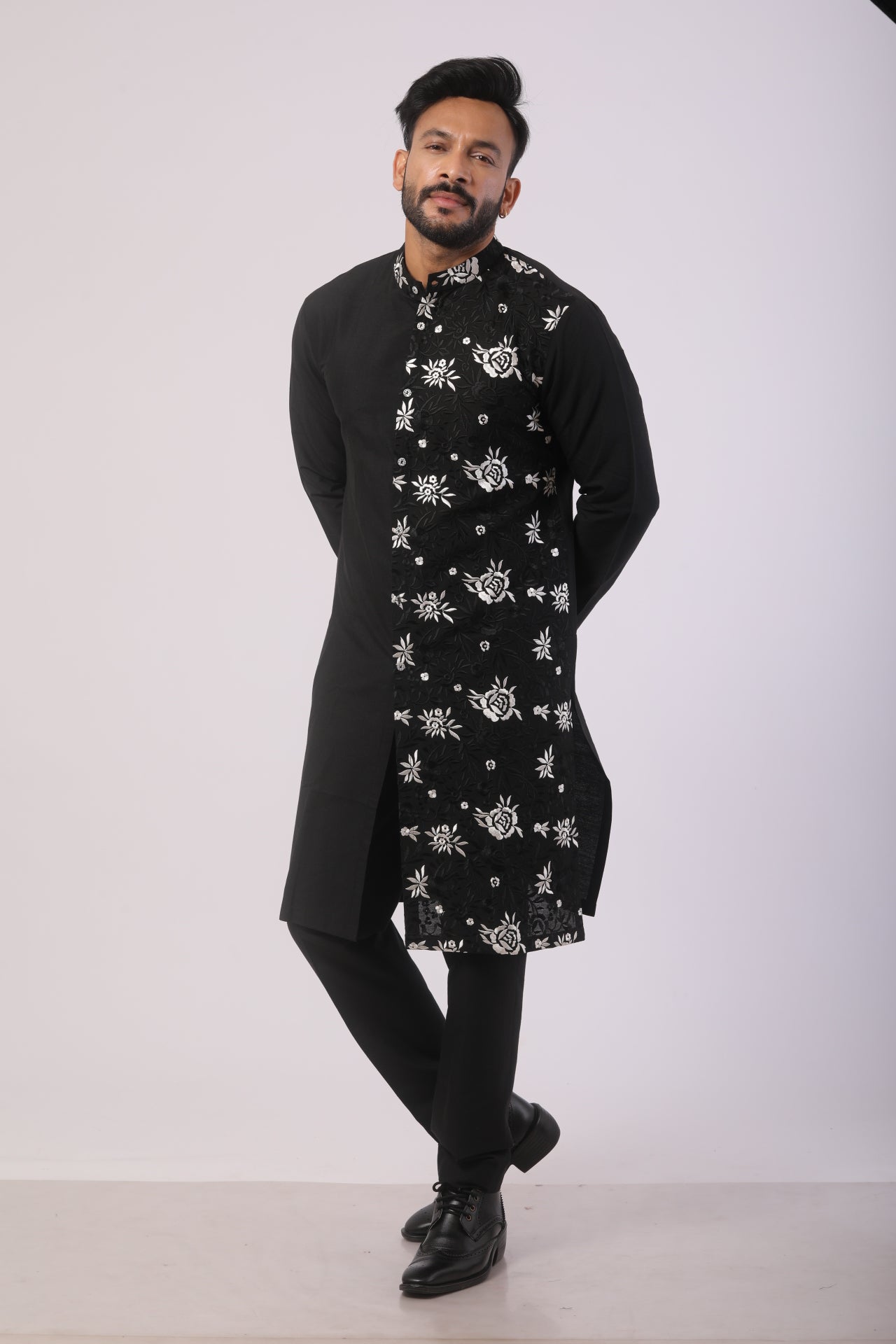 Black Katan Silk Embroidered Kurta Set