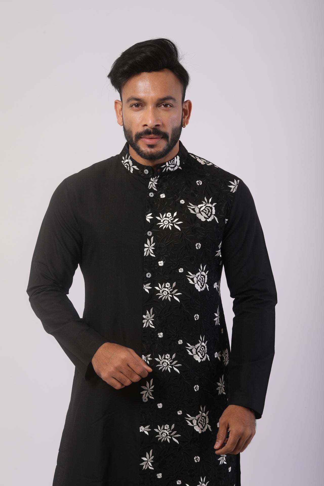 Black Katan Silk Embroidered Kurta Set