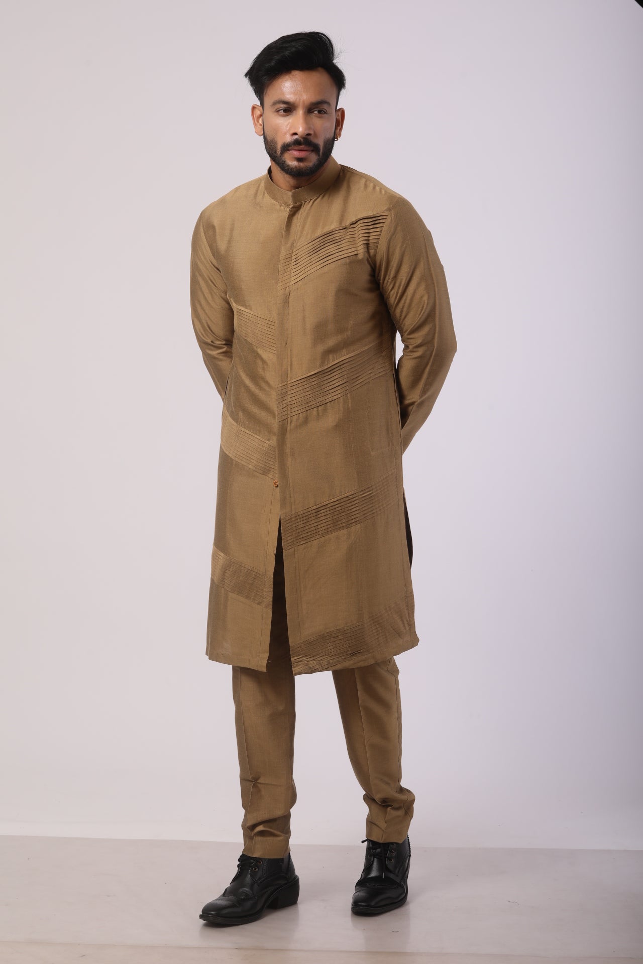 Mehendi Katan Silk Kurta Set for Men | Embroidered Work