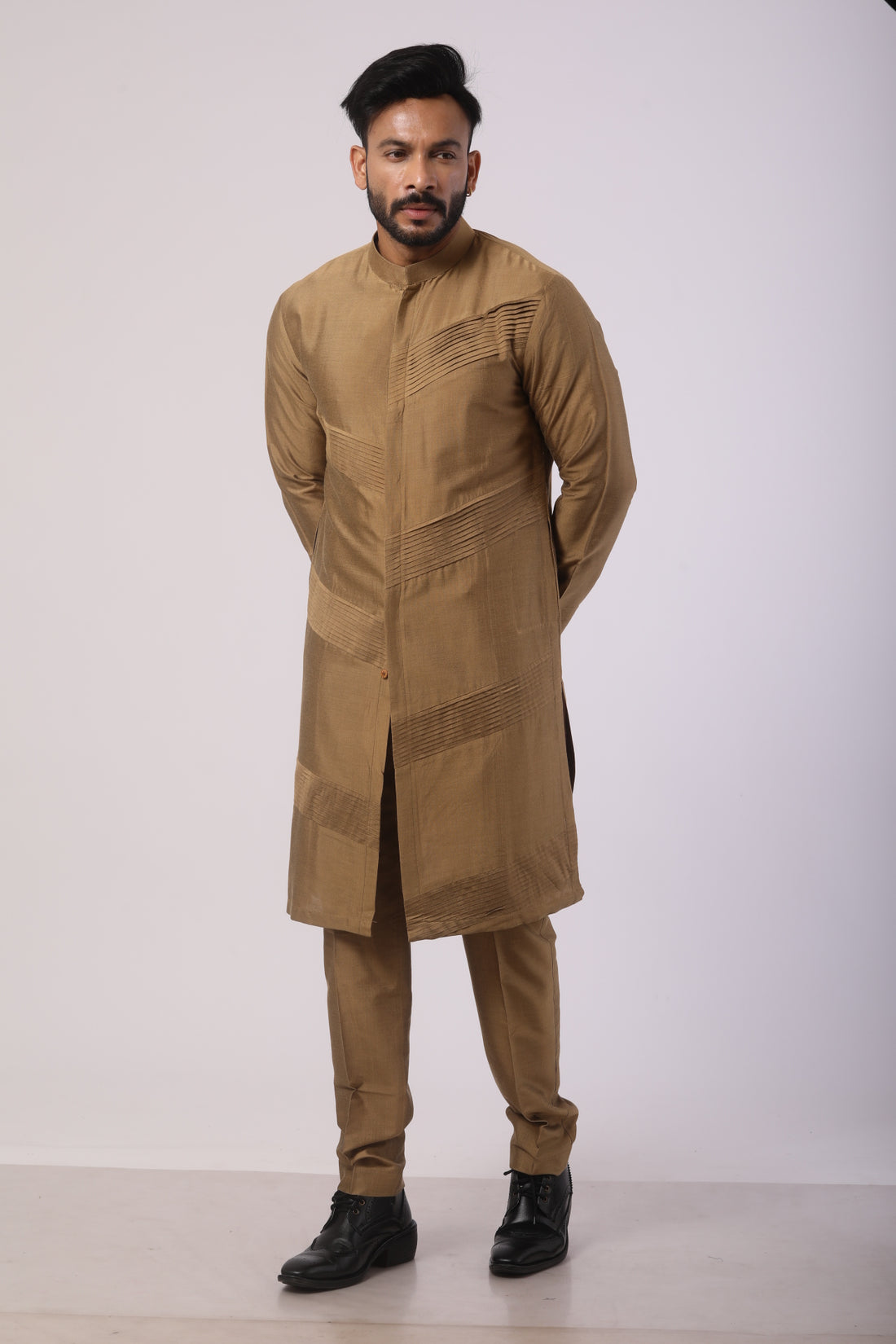 Mehendi Katan Silk Kurta Set for Men | Embroidered Work