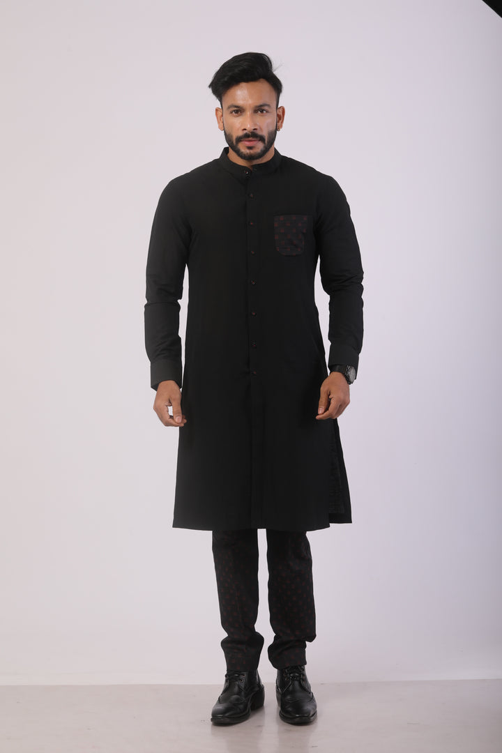 Black Katan Silk Embroidered Kurta Set with Straight-Fit Pant