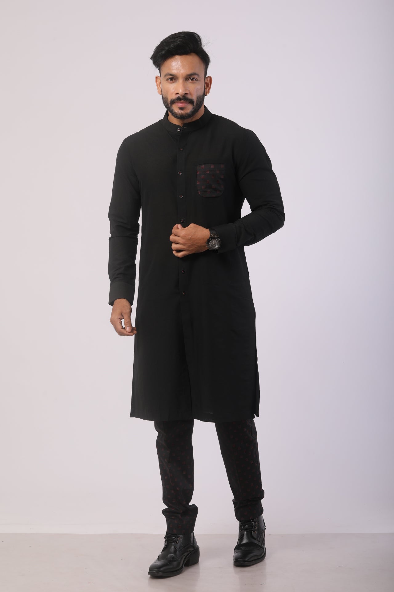 Black Katan Silk Embroidered Kurta Set with Straight-Fit Pant