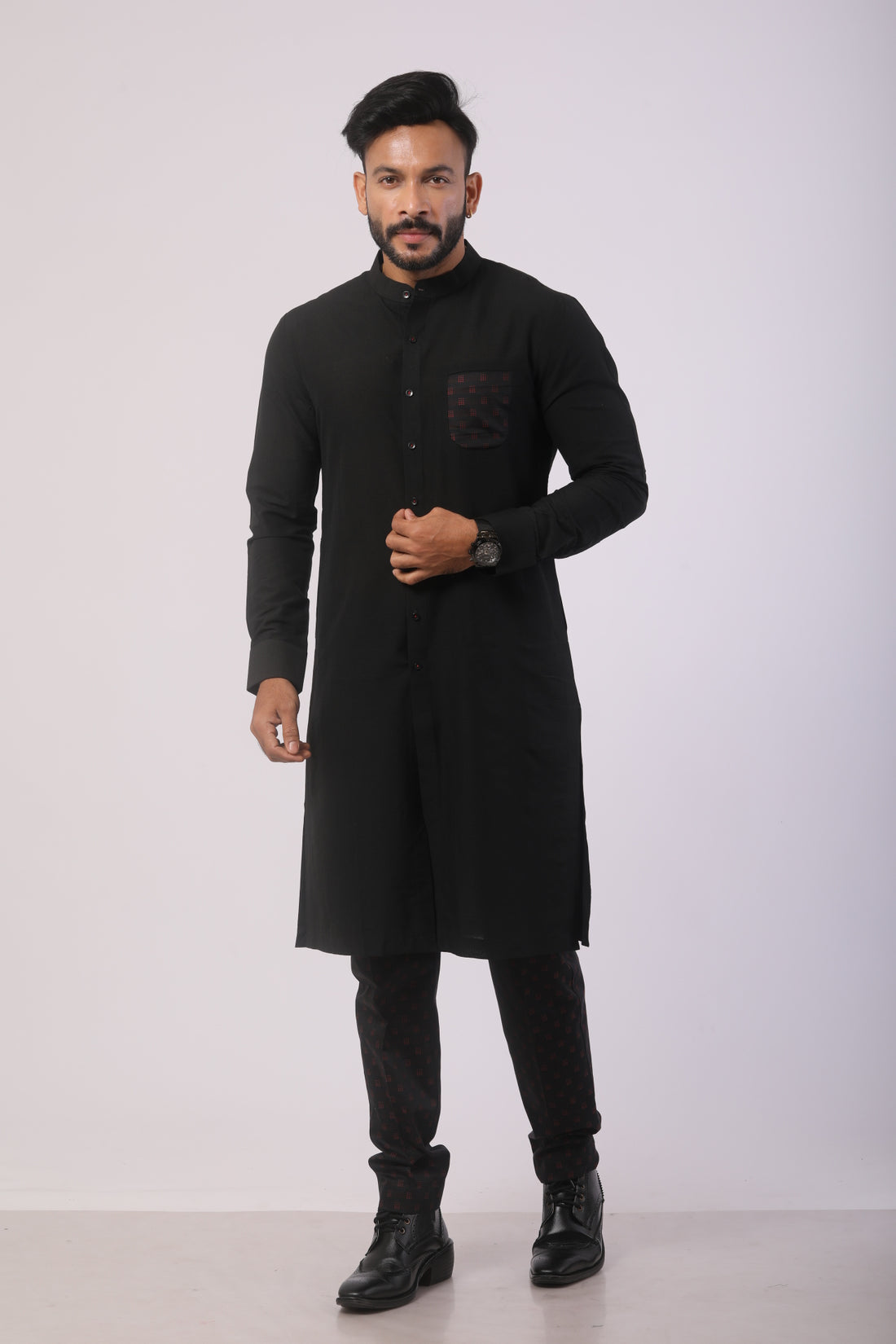 Black Katan Silk Embroidered Kurta Set with Straight-Fit Pant