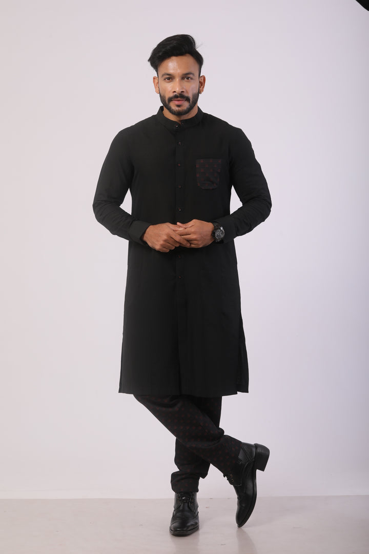 Black Katan Silk Embroidered Kurta Set with Straight-Fit Pant