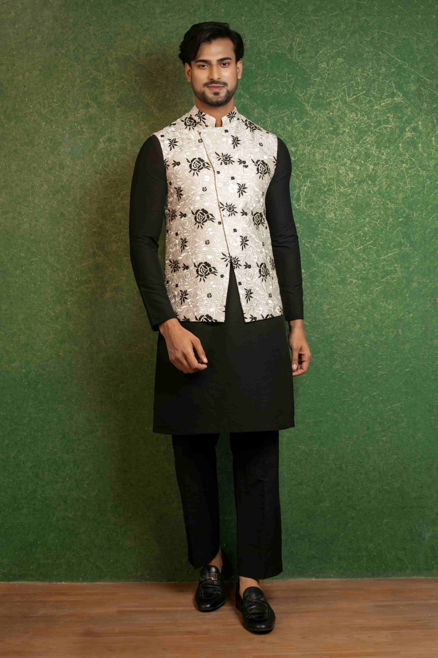 Black Kurta Pajama With Woven Nehru Jacket 1056MW05
