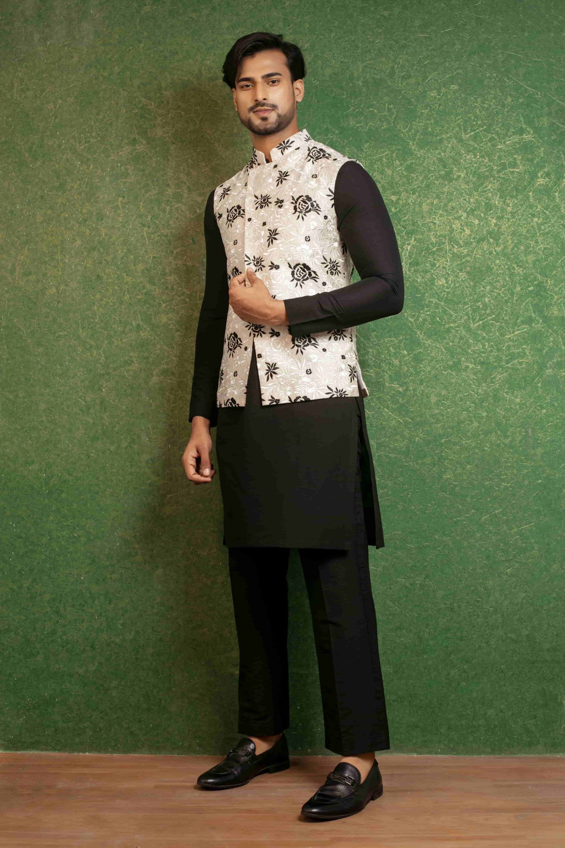 Elegant Black Silk Kurta Beige Nehru