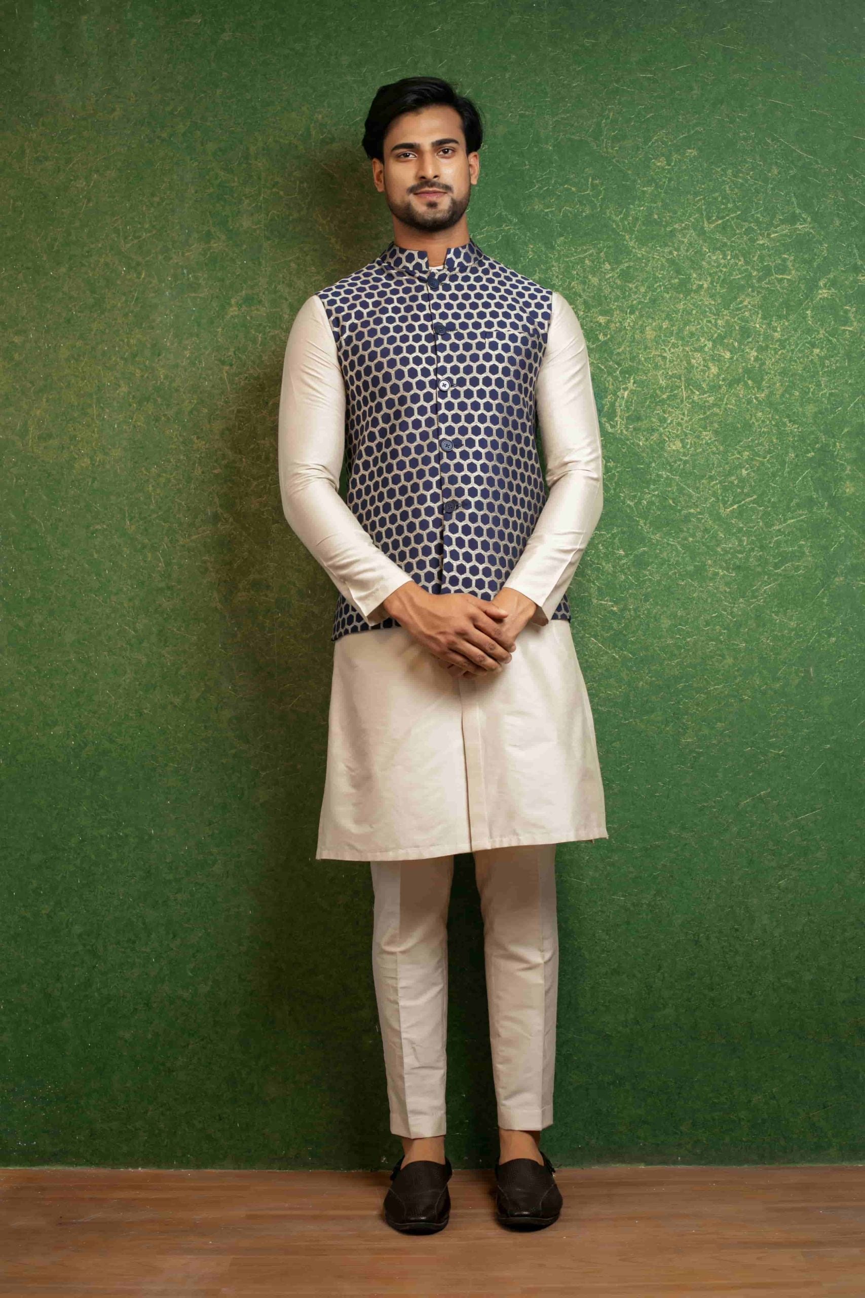 Beige Kurta Blue Jacket
