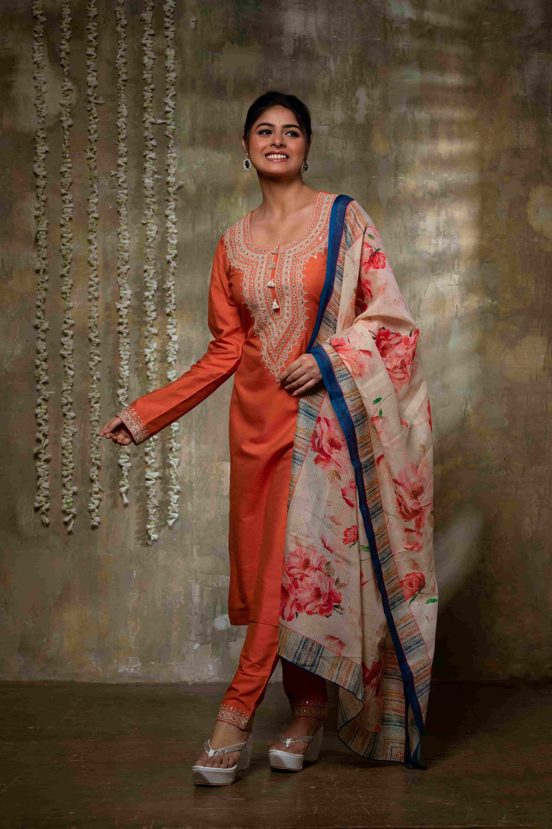 Elegant Orange Silk Suit Ensemble