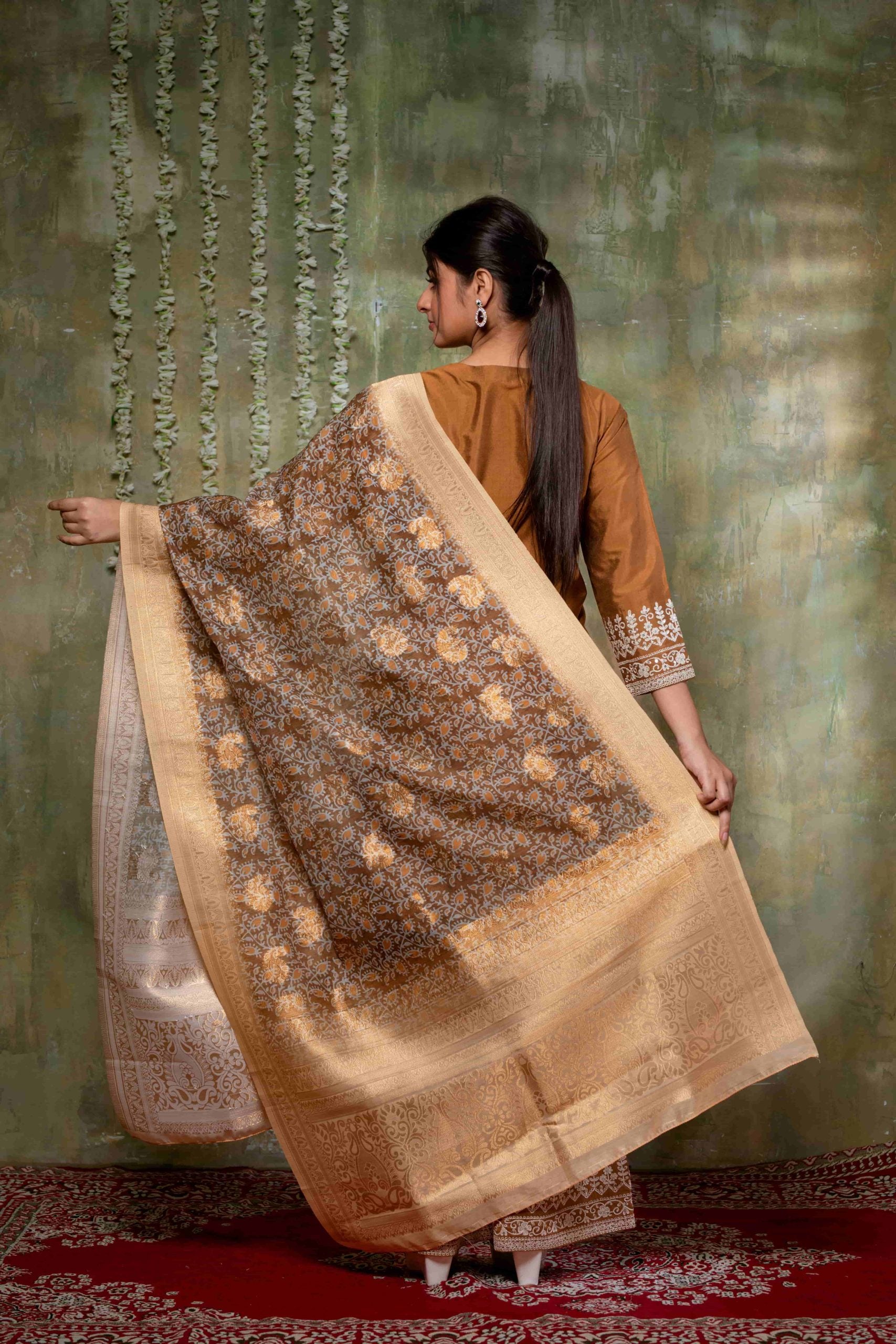 Elegant Golden Brown Katan Silk Suit