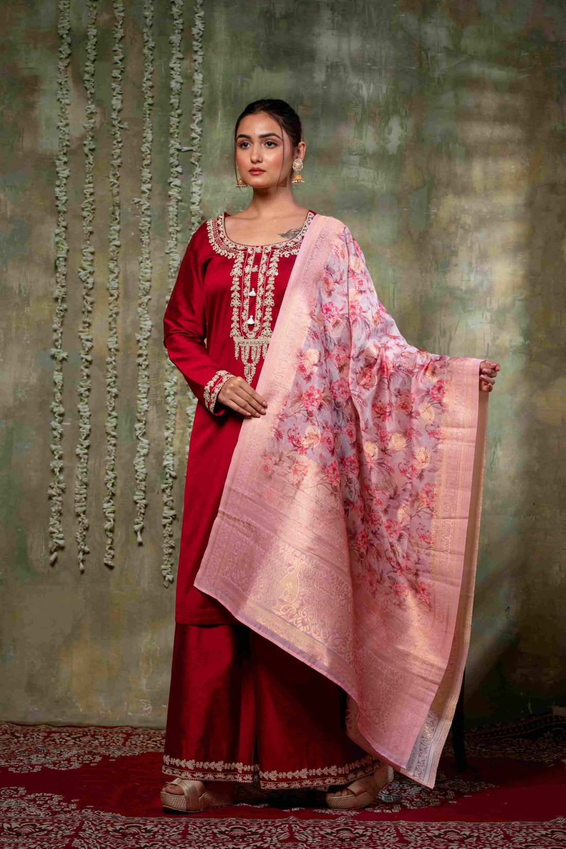 Chic Maroon Suit Pink Dupatta