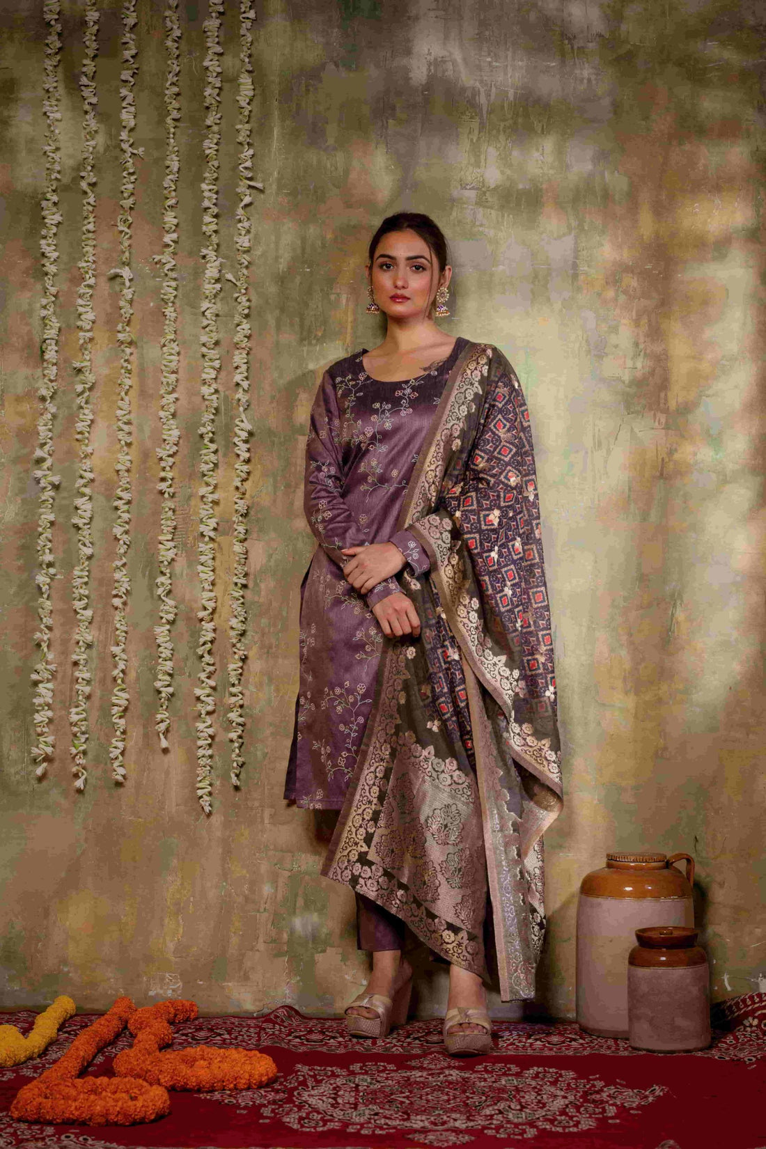 Elegant Purple Silk Suit Set