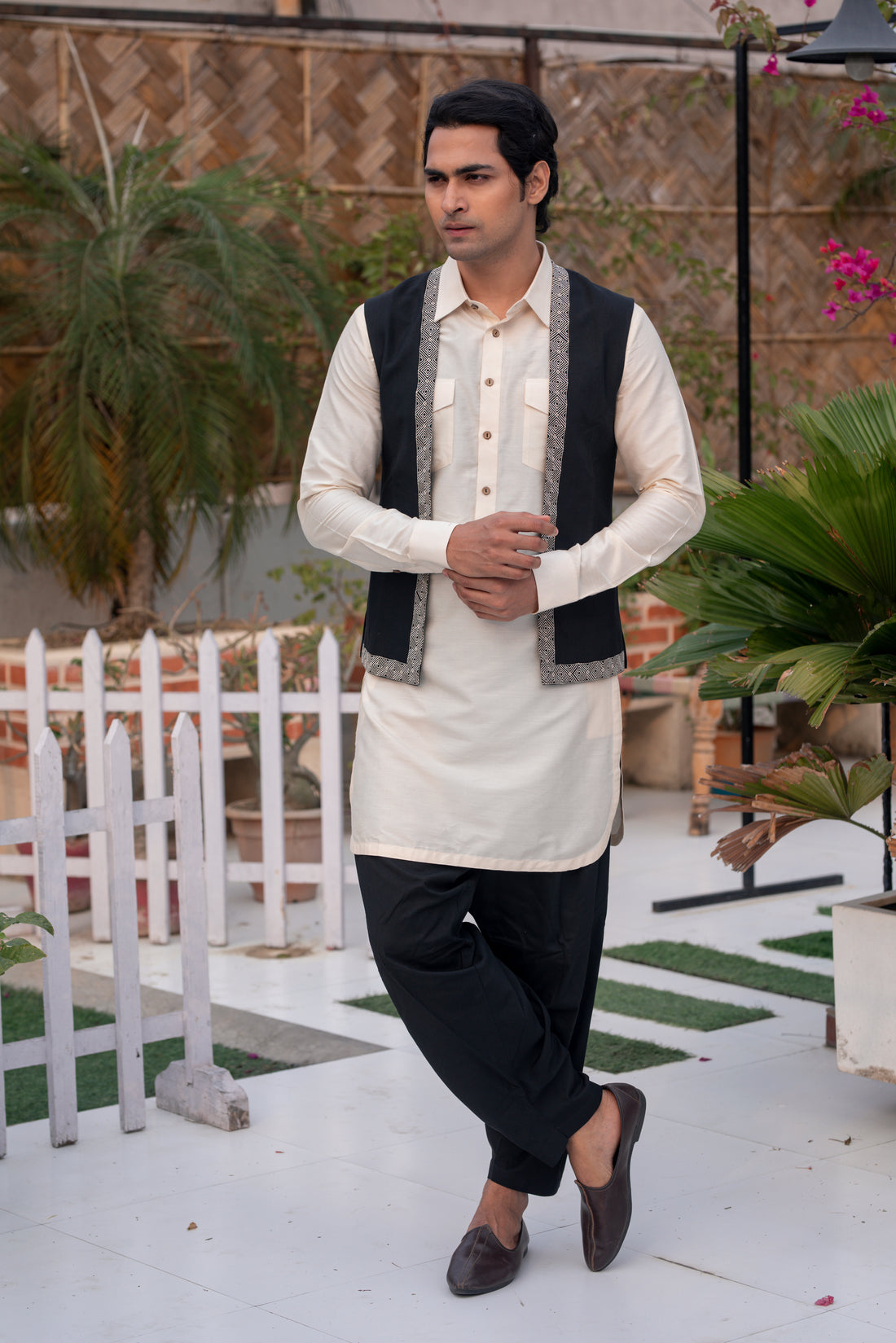 Off-White and Black Katan Silk Kurta Set with Embroidered Jacket