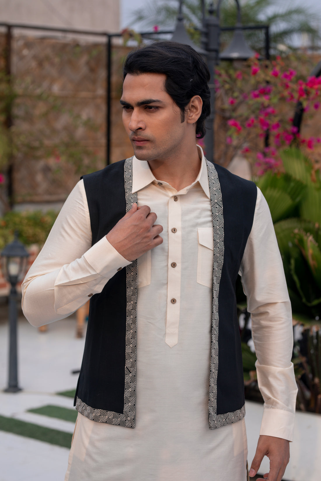 Off-White and Black Katan Silk Kurta Set with Embroidered Jacket