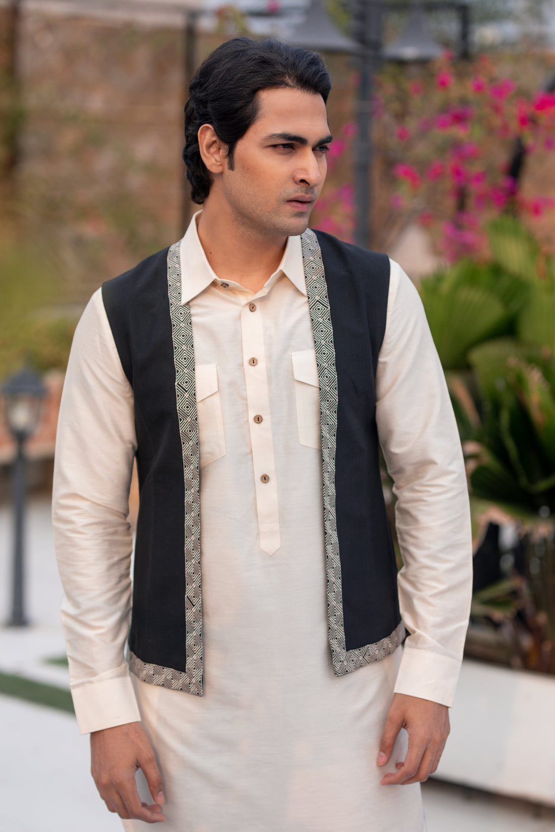 Off-White and Black Katan Silk Kurta Set with Embroidered Jacket