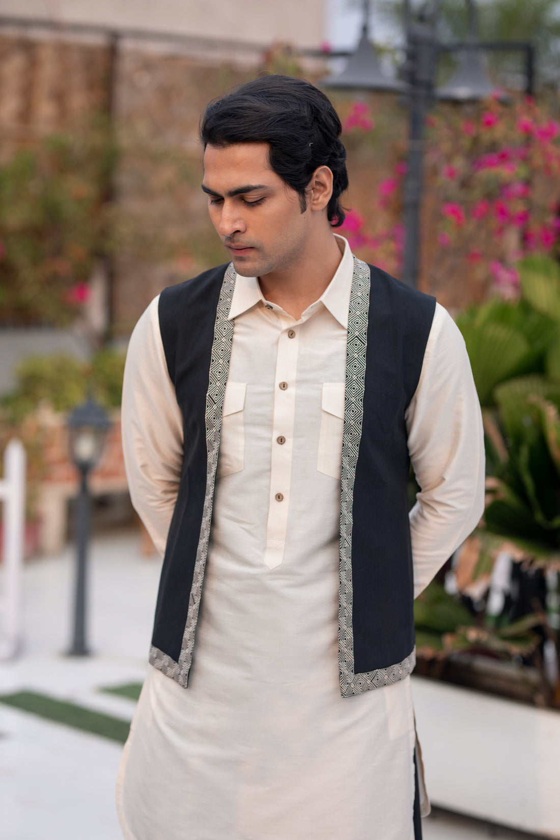 Off-White and Black Katan Silk Kurta Set with Embroidered Jacket