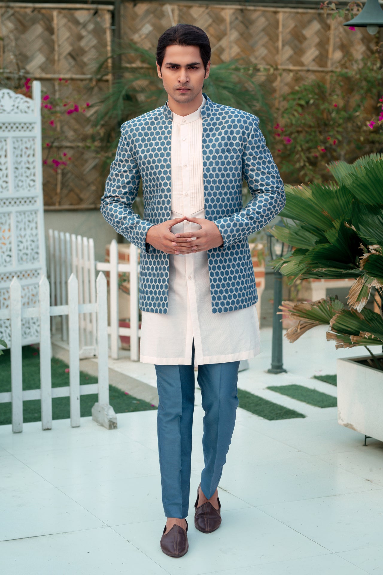 Dusky Blue & White Katan Silk Kurta Set with Nehru Jacket