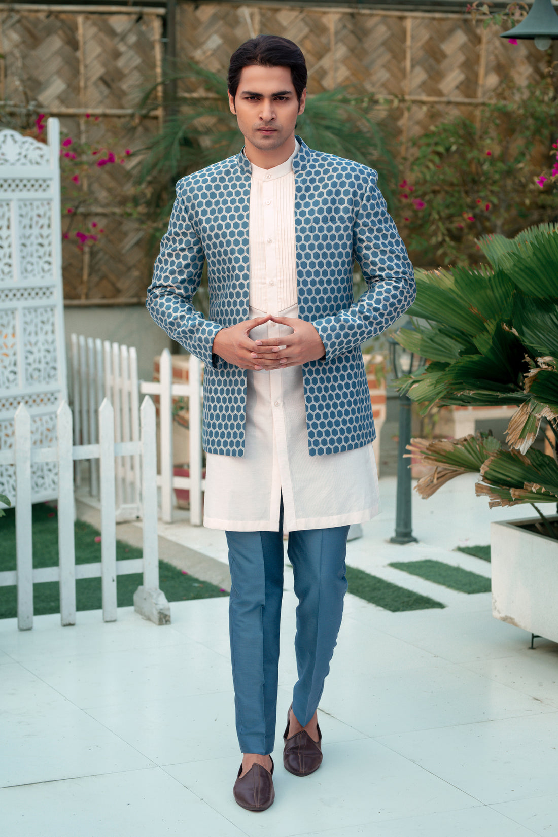 Dusky Blue & White Katan Silk Kurta Set with Nehru Jacket