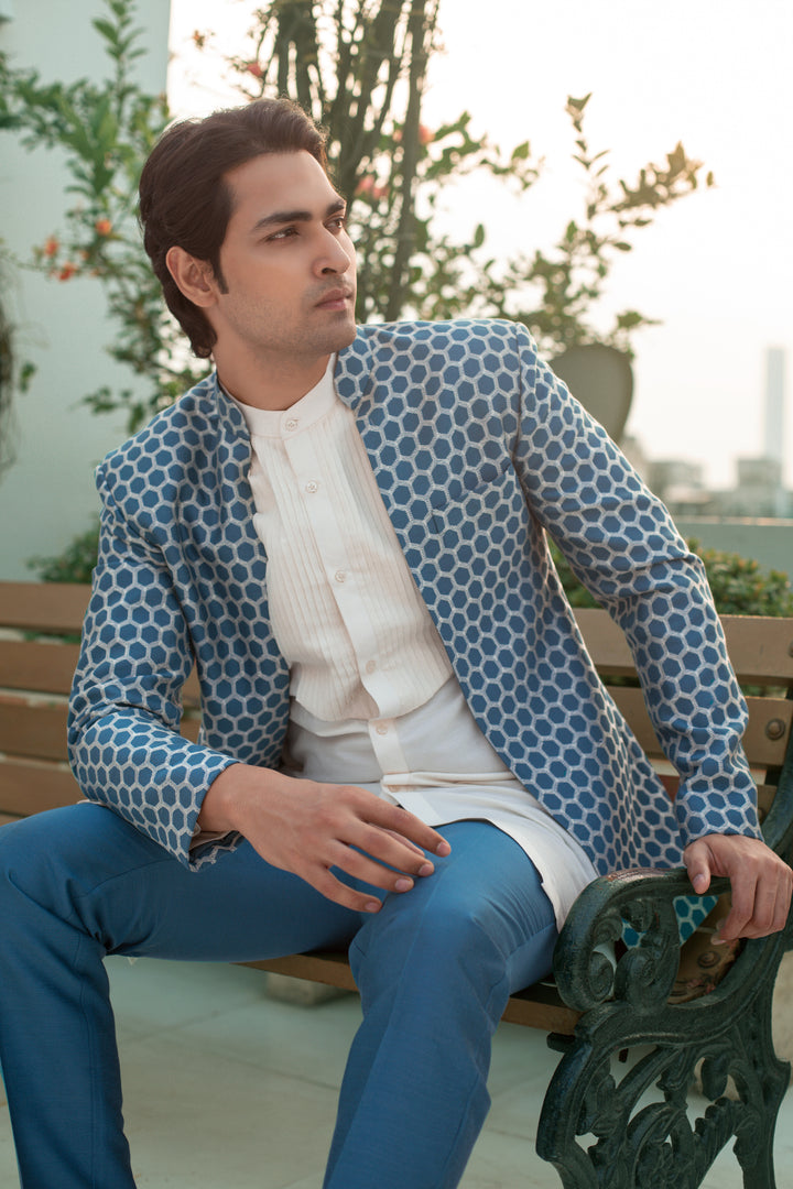 Dusky Blue & White Katan Silk Kurta Set with Nehru Jacket