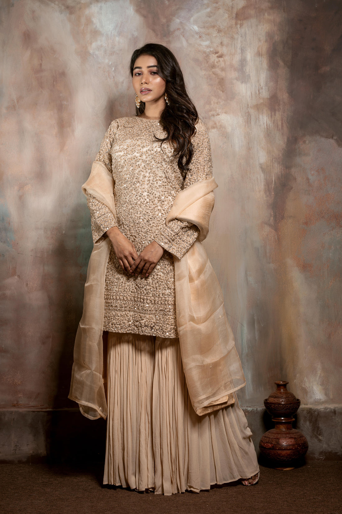 Golden Handcrafted Sharara Kurta Set