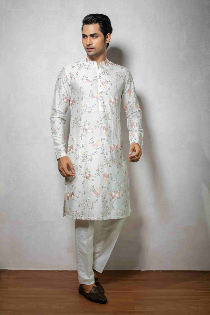 Affifa Men's White Silk Kurta Set