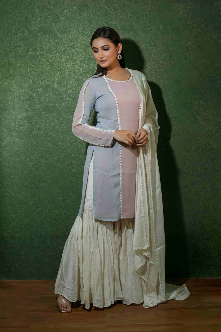 Chic Three-Coloured Georgette Kurta Sharara Set with Croatia Lace Detailing