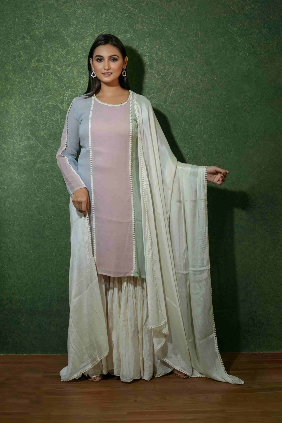 Chic Three-Coloured Georgette Kurta Sharara Set with Croatia Lace Detailing