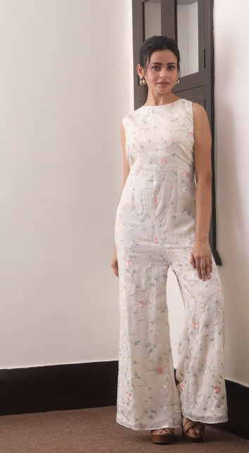 Off-White Viscose Organza Floral Resham Co-Ord Set