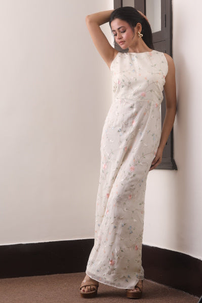 Off-White Viscose Organza Floral Resham Co-Ord Set