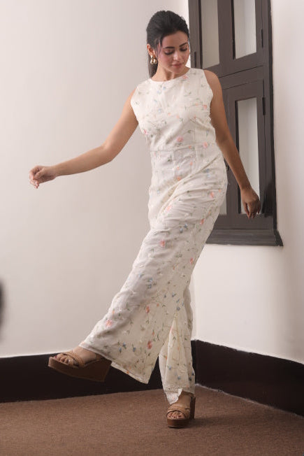 Off-White Viscose Organza Floral Resham Co-Ord Set